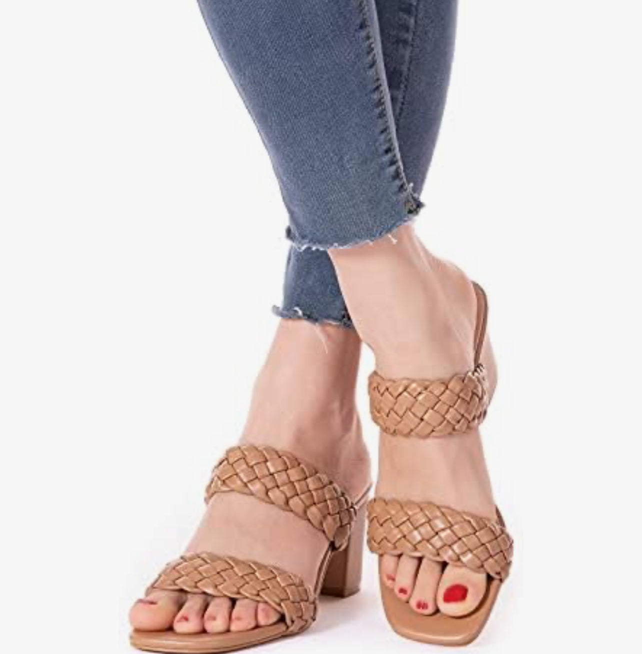 N.N.G Women Heels Sandals Woven Chunky Heels Braided Nude Square Toes Leather Comfortable Strappy Dress Casual Pumps Mules Sandals