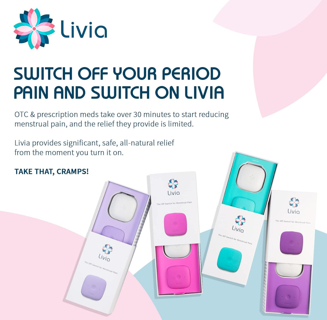 Livia Menstrual Pain Relief Device, Lavender - Period Pain Off Switch - Portable and Travel-Ready with Stick-on Gel Pads for Cramps - Rechargeable, 12-Hour Battery Life