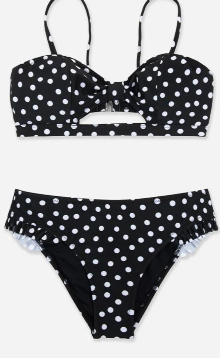 CUPSHE Women's Black Polka Dot Cutout Ruffles Back Hook Closure Bikini Sets