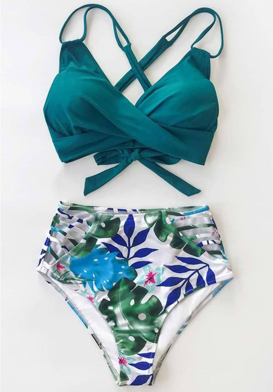 Tropical Palms Twist-Front High Waisted Bikini