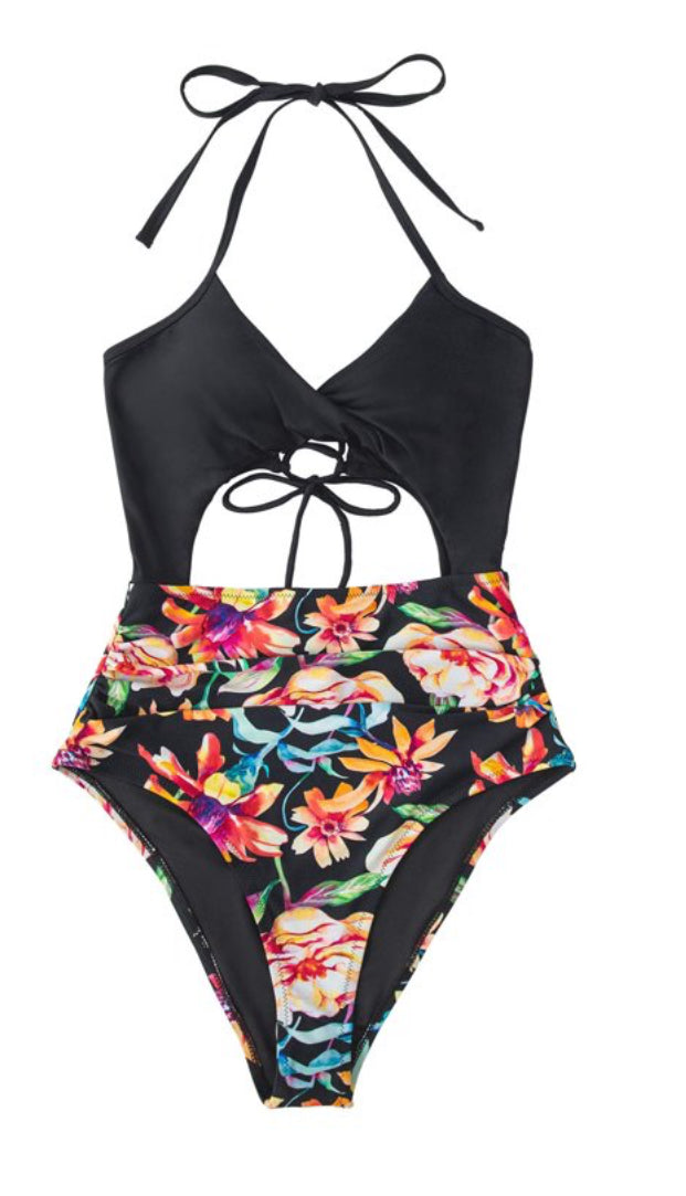 Cupshe Women's Black Floral One Piece Swimsuit Cutout Halter Lace Up Bathing Suit