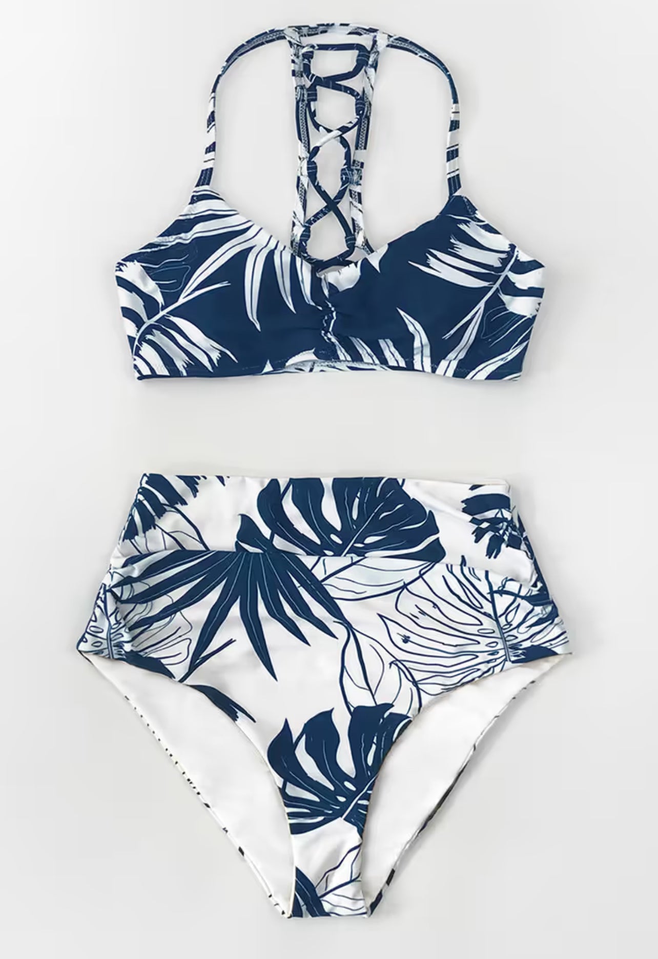CUPSHE Blue and White Leafy High Waisted Bikini
