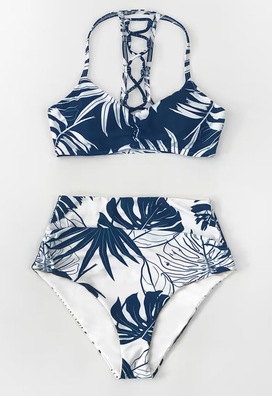 CUPSHE Blue and White Leafy High Waisted Bikini