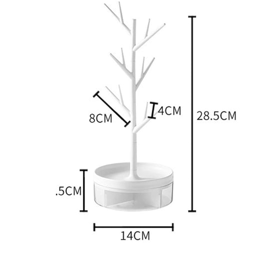 Branch Jewelry Rack with Rotatable Base and Storage Box, Tree Jewelry Tower Rack Hanging Organizer for Ring Earrings Necklace Bracelet, Suitable for Bathroom, Bedroom (White)
