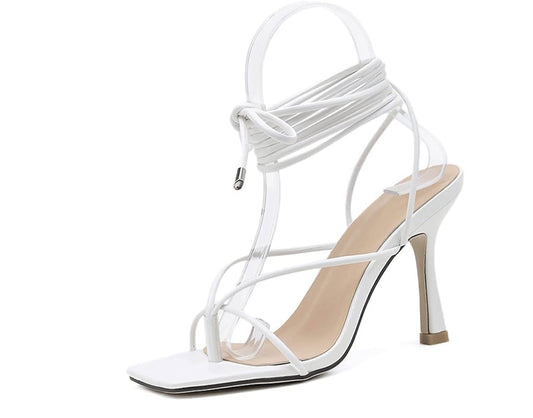 High Heels for Women Summer Women Sandals Narrow Band Vintage Square Toe High Heels Cross Strap Thong Sandals Women V Shape Design Shoes Women(White Size 9)