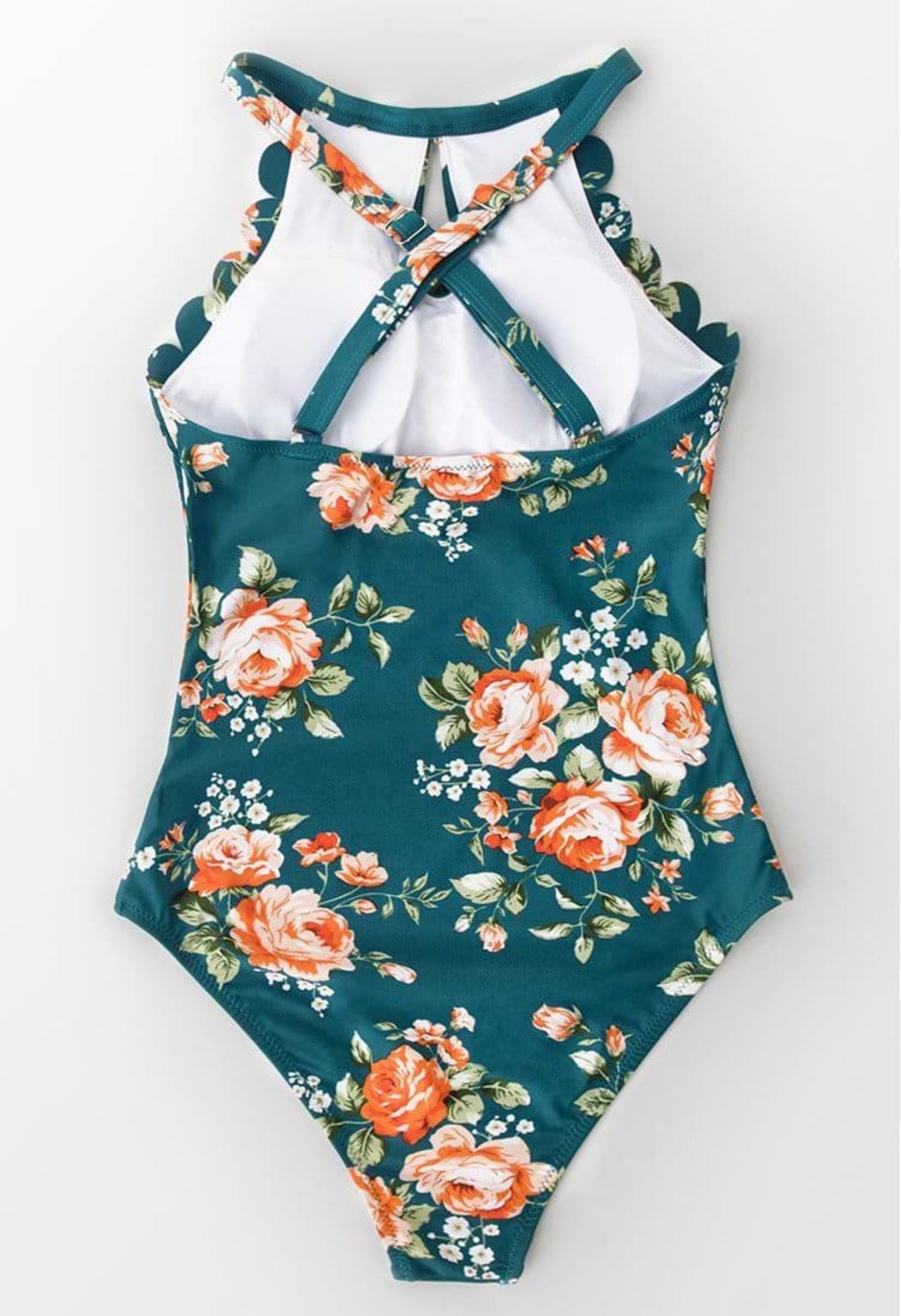 CUPSHE Teal Floral Scalloped One Piece Swimsuit