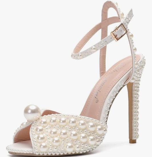 Womens Peep Toe Stiletto Heeled Sandals Shiny Pearl Buckle Ankle Strap Wedding Pumps Dress Evening Bride Bridal Shoes StilettoToe Stiletto Heeled Sandals Size:9