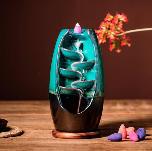 SPIRUAL Ceramic Incense Burner, Waterfall Backflow Incense Holder, Aromatherapy Ornament, Zen Decor, Home Decor, Room Decor (Cyan)