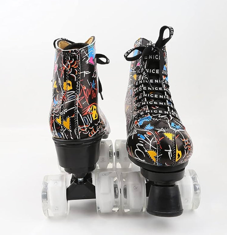 Roller Skates for Women, Men and Teens. Black/White Graffiti Designed Microfibre High-top Quad Skates Made with PU Leather. Premium Quality Skates for Beginner Adults Girls Unisex