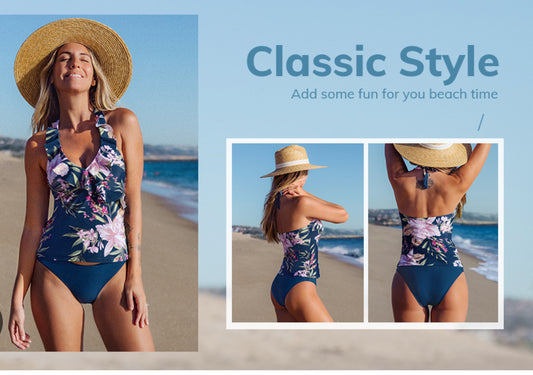 Women's Low Rise Tankini Set with Ruffle and V-Neckline with Ruffle and V-Neckline