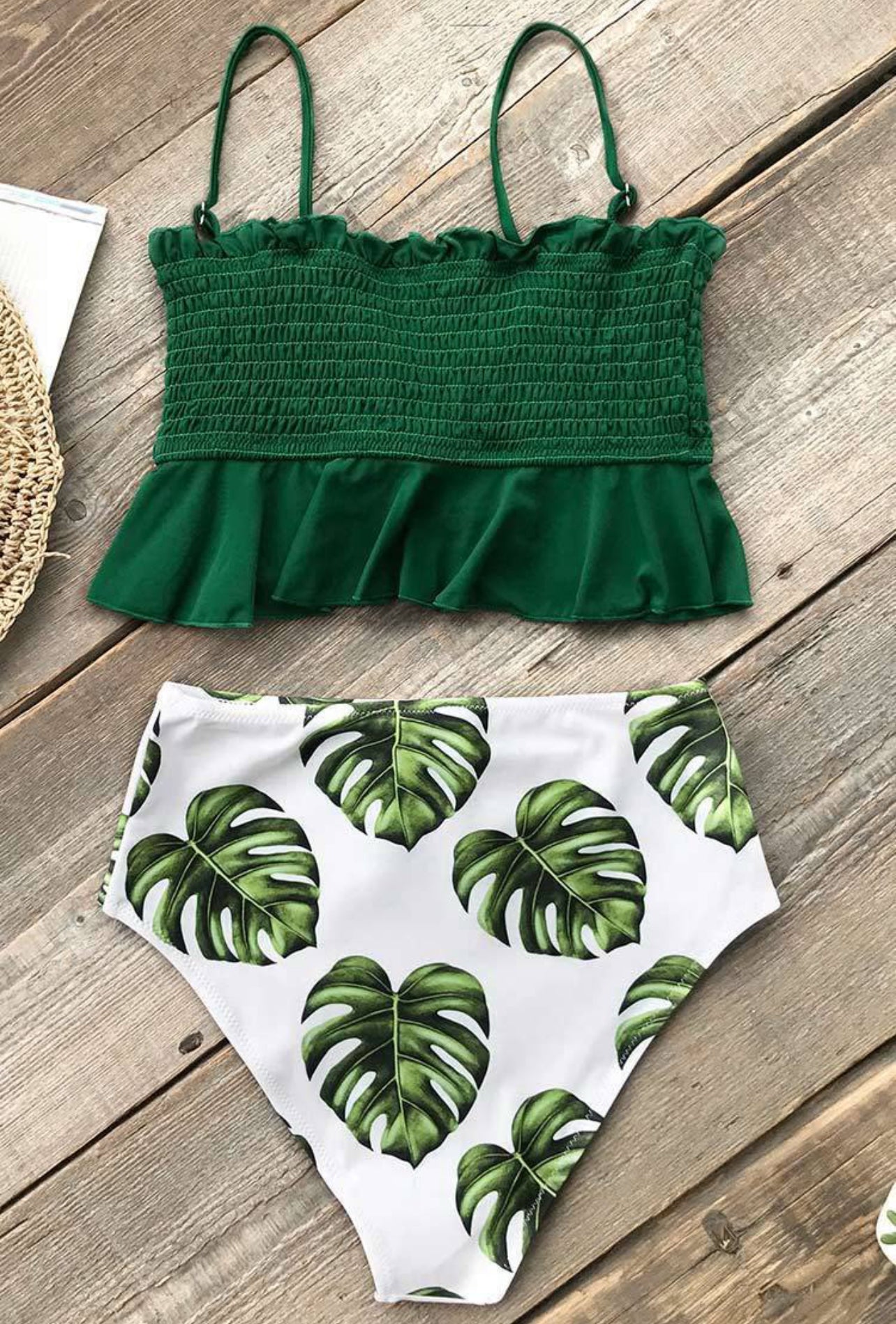 CUPSHE Smocked Green and Monstera High Waisted Bikini