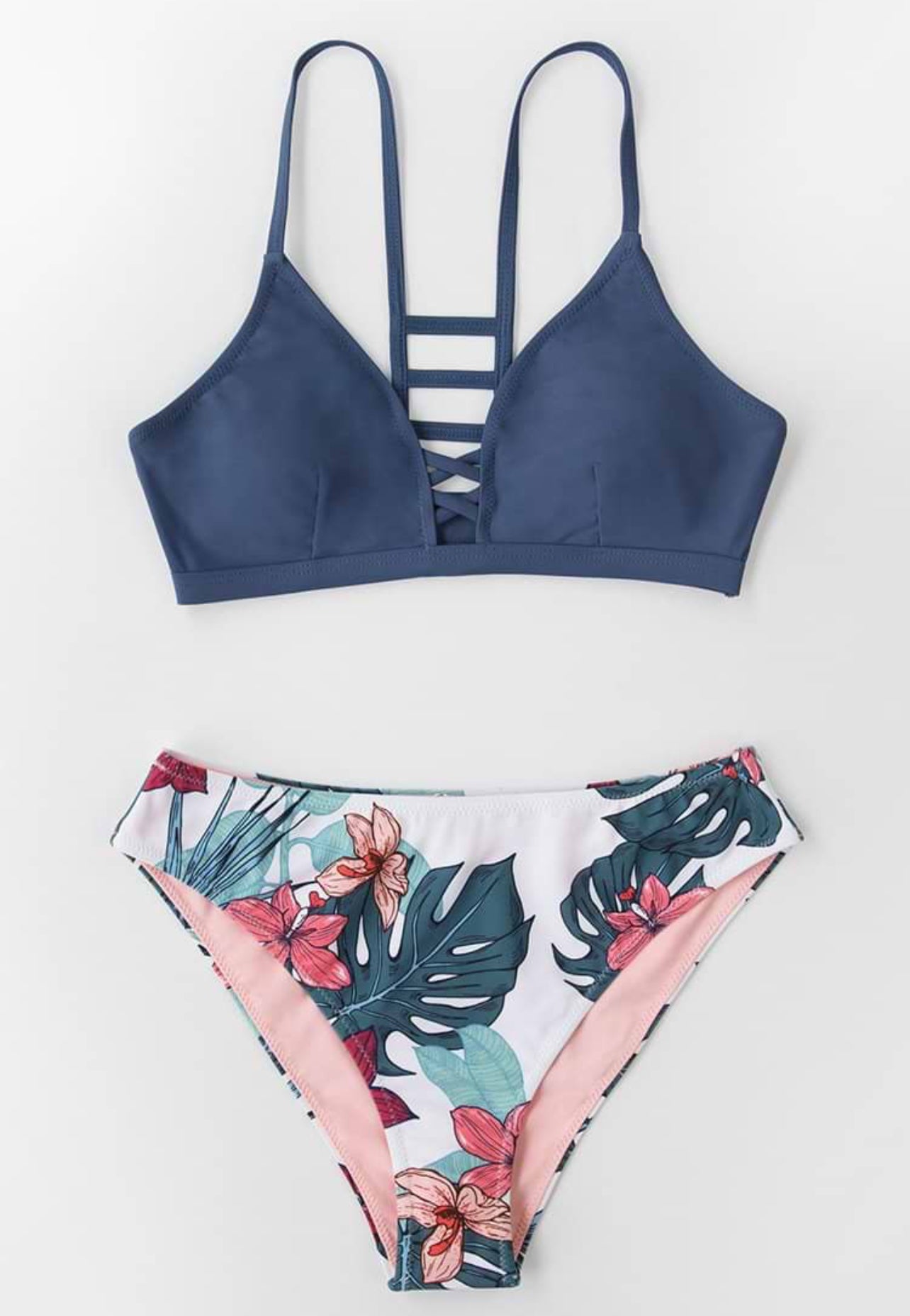 CUPSHE Women’s Navy and Floral Strappy Bikini Set