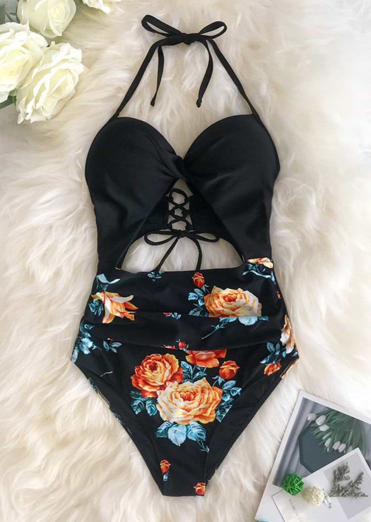 CUPSHE Black Floral Print Halter Tummy Control One Piece Swimsuit