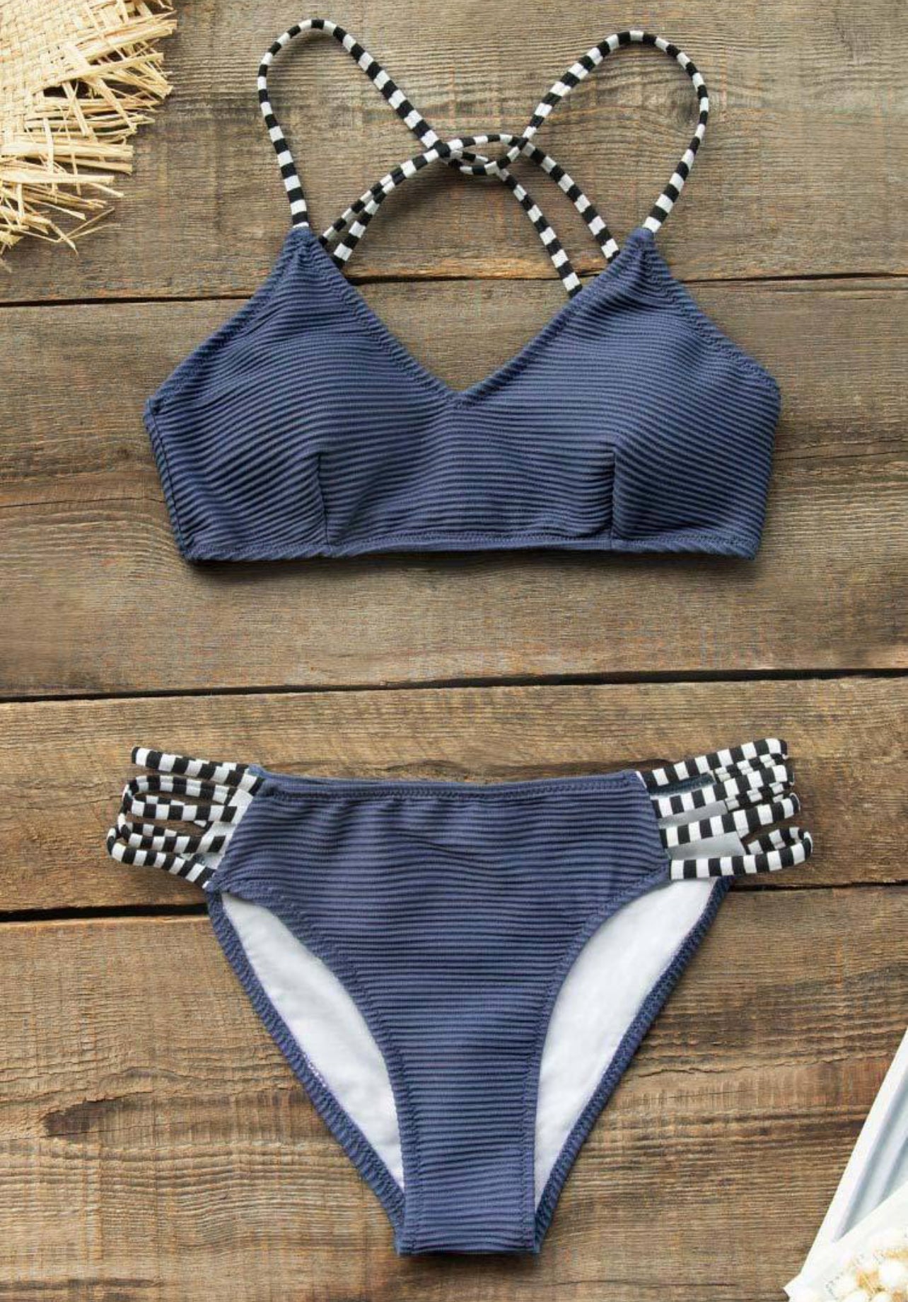 CUPSHE Navy Blue Ribbed and Strappy Bikini