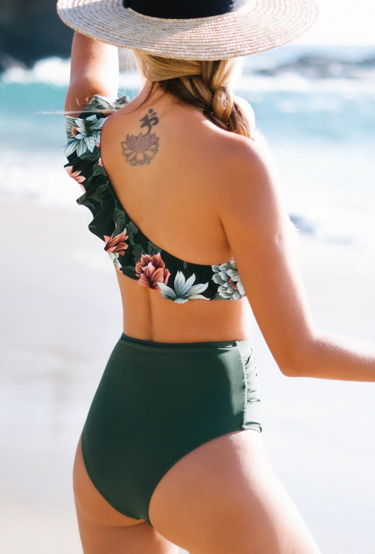 CUPSHE Dark Green Floral One Shoulder Ruffle Women’s High Waisted Bikini