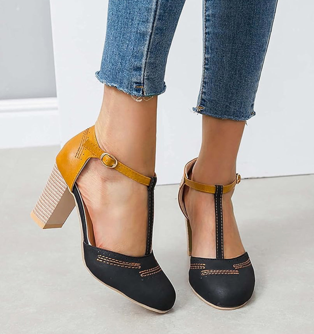 Womens Chunky High Heel Buckle Ankle Shoes T Strap Cap Toe Fashion Hollow Out Summer Casual Roman Sandals