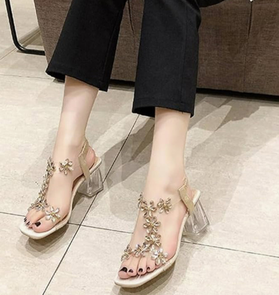 Women's Block Heel Sandals with Flower and Rhinestones,Fashion Crystal Chunky Square Toe Open Toe Ankle Strap Transparent Casual High Heels Shoes Size 9