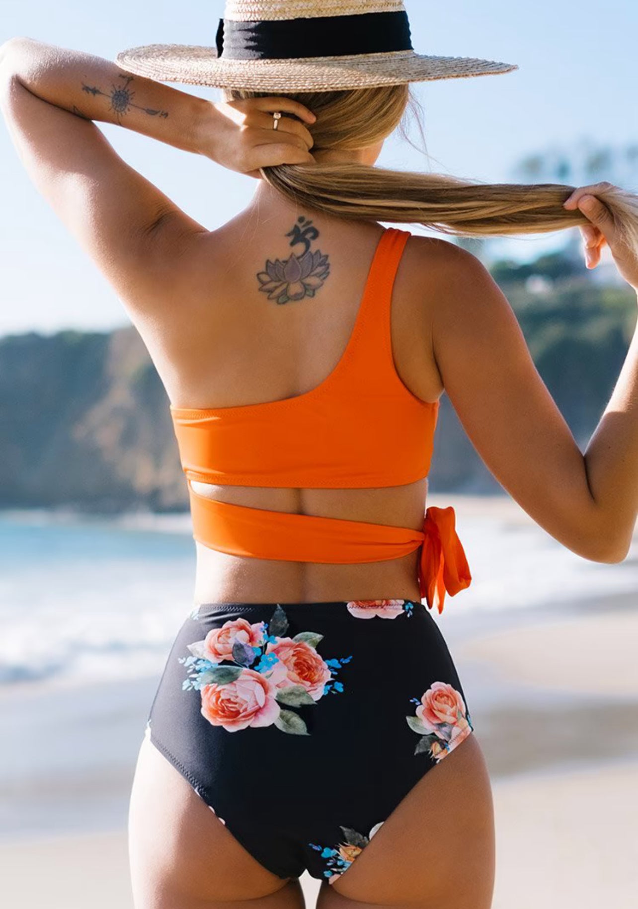 CUPSHE Orange And Floral One Shoulder Tied Bikini