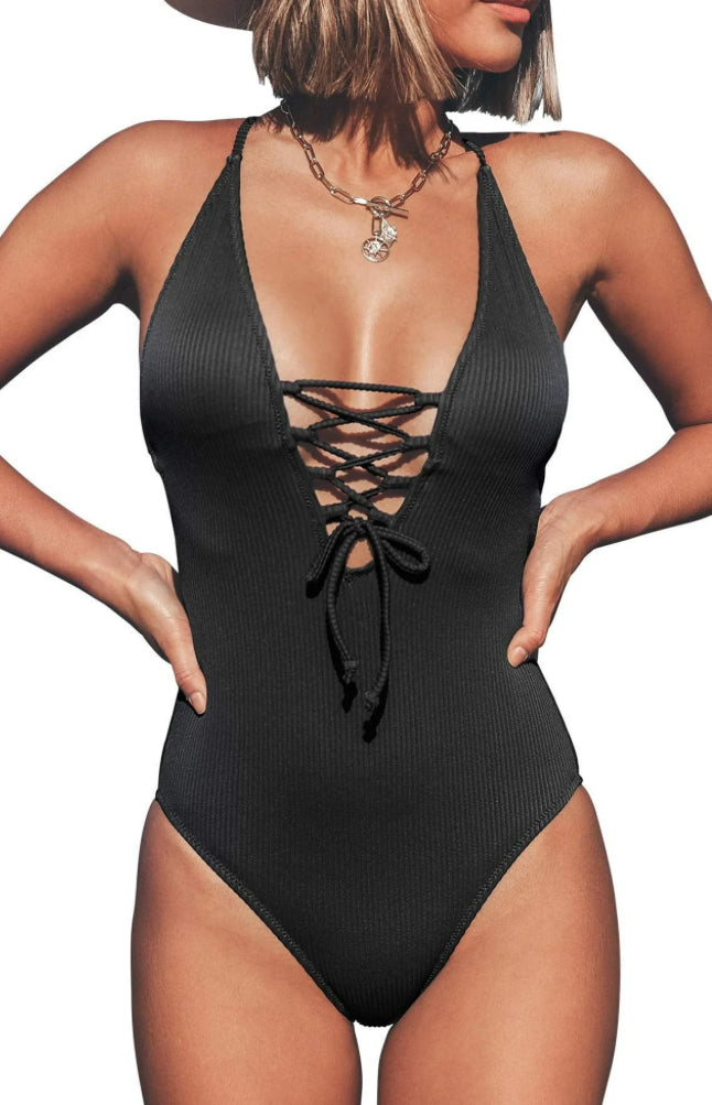 Women's Black V Neck Vacation One Piece Swimsuit Lace up Monokini