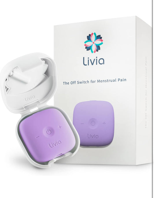 Livia Menstrual Pain Relief Device, Lavender - Period Pain Off Switch - Portable and Travel-Ready with Stick-on Gel Pads for Cramps - Rechargeable, 12-Hour Battery Life