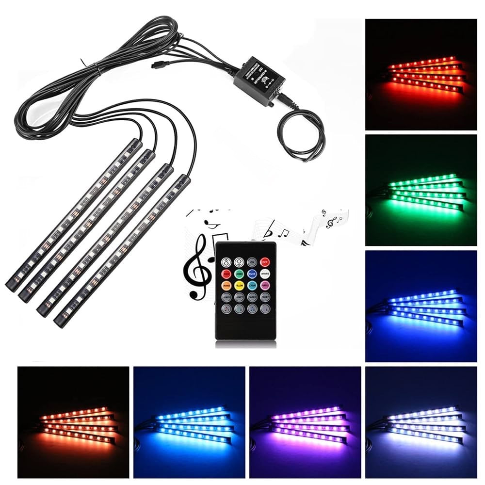 Car LED Strip Light,Uniwit 4 Pieces DC 12V Multicolor Car Interior Music Light LED Underdash Lighting Kit with Sound Active Function and Wireless Remote Control (Remote Control - 72 LED)