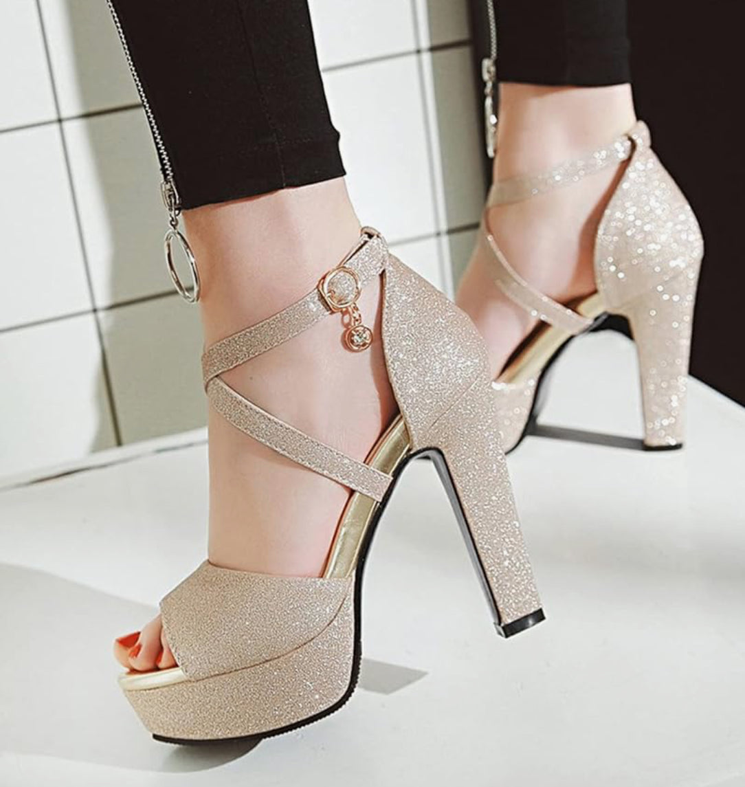 Women Block Heel Sandals Open Toe, Fashion Evening High Heels With Platform Zip Ankle Strap Glitter Size 7