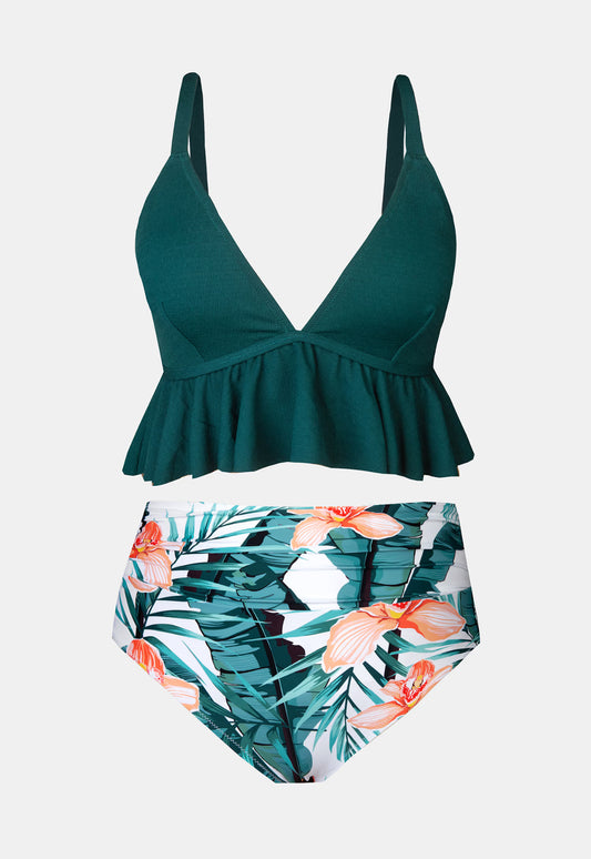 CUPSHE Green and Floral Ruffle Plus Size Bikini