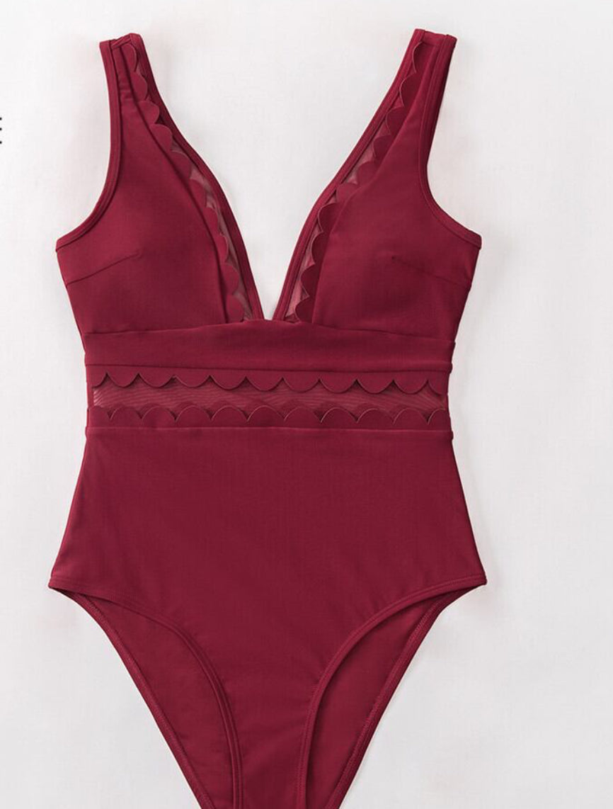 CUPSHE Solid Burgundy Mesh V-Neck One Piece Swimsuit Women