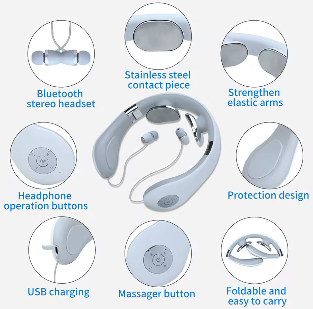 New Bluetooth Wireless Headphone 2 in 1 Massager Adjustable Earphone Sport Earbud Neckband In-ear Headset