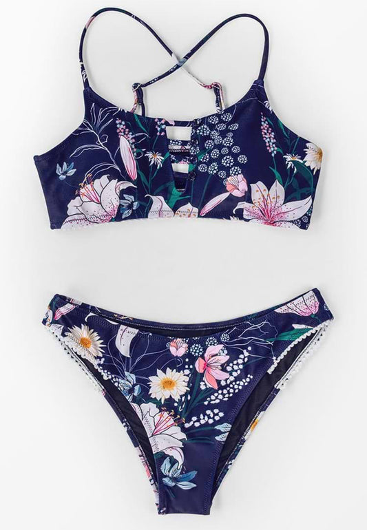 CUPSHE Navy Floral Cutout Bikini
