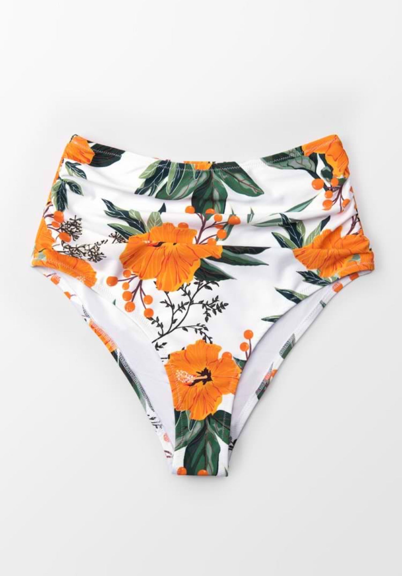 CUPSHE Orange Floral Shirring High Waisted Bikini Bottom