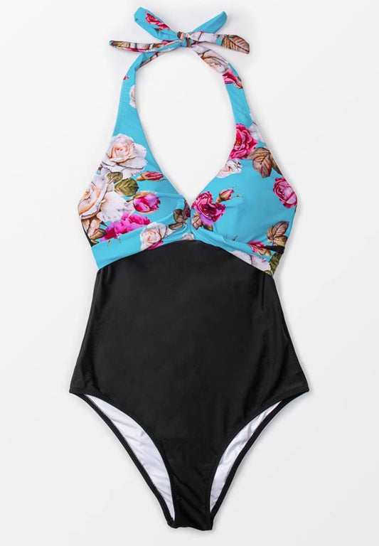 CUPSHE Floral and Black Halter One Piece Swimsuit