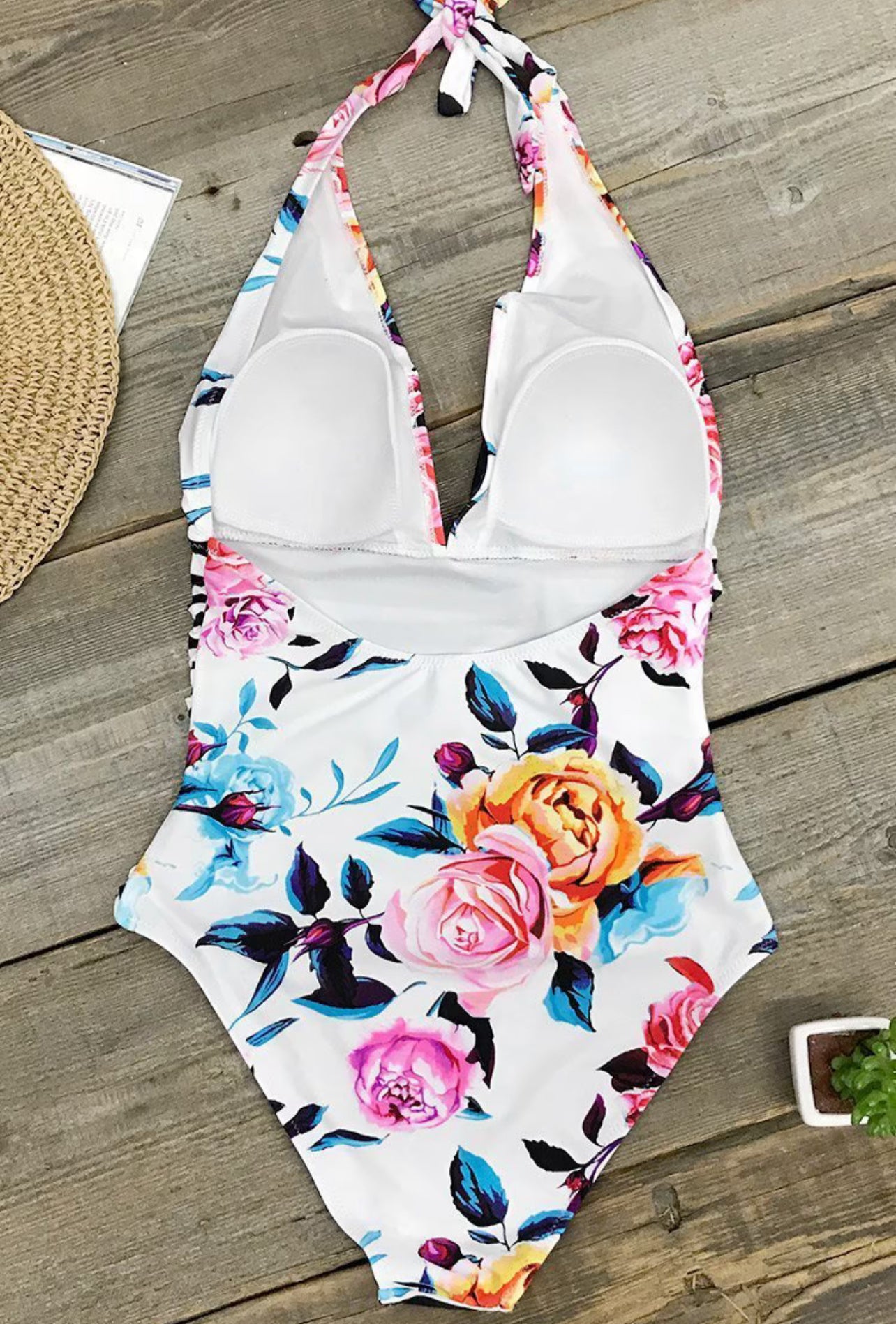 CUPSHE Bold Floral and Stripe Halter Tummy Control One Piece Swimsuit