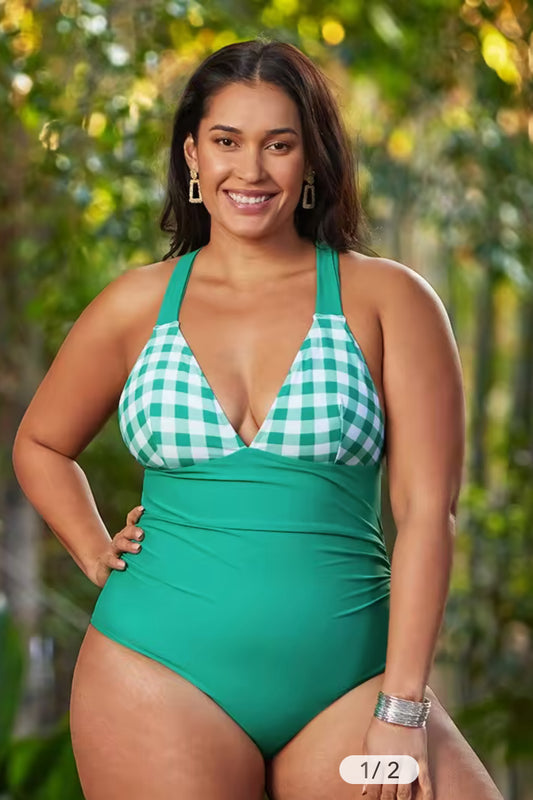 CUPSHE Daniella Gingham Criss Cross Plus Size One Piece Swimsuit