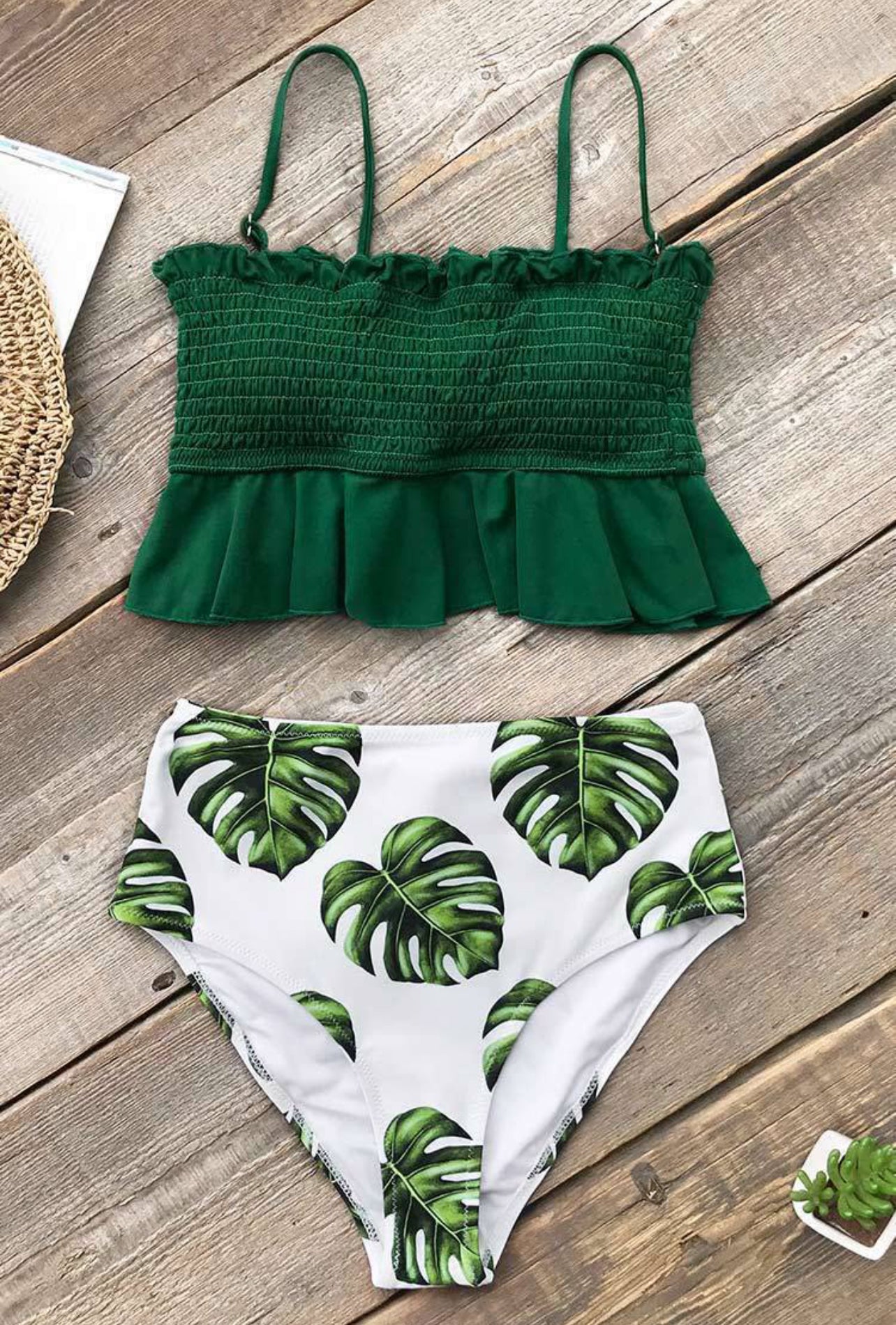 CUPSHE Smocked Green and Monstera High Waisted Bikini