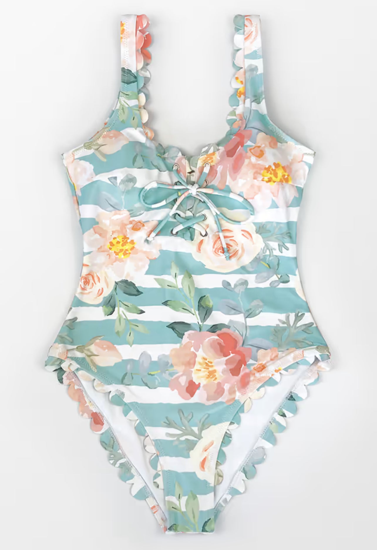 CUPSHE Floral and Striped Scalloped One Piece Swimsuit