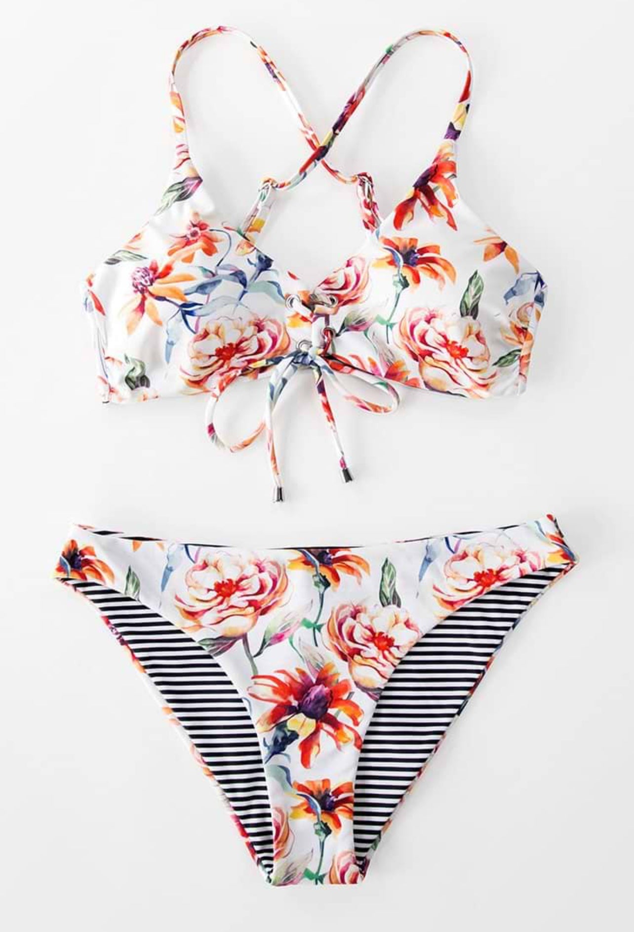Floral And Striped Reversible Bikini