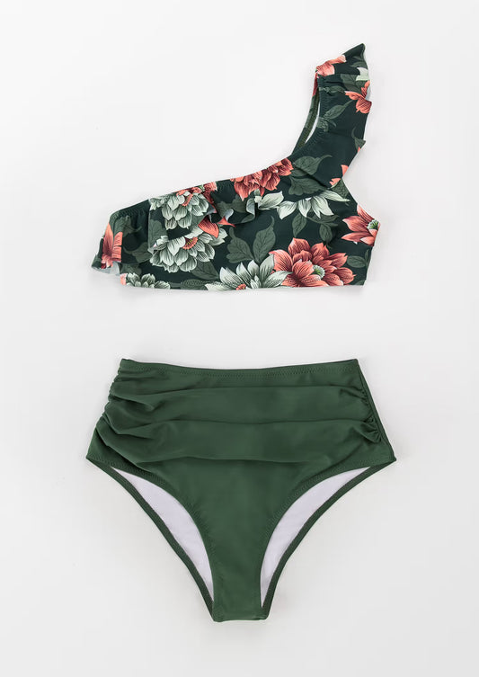 CUPSHE Dark Green Floral One Shoulder Ruffle Women’s High Waisted Bikini