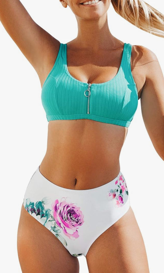CUPSHE Women's High Waisted Bikini Set Aqua Zip Floral Print Bathing Suit