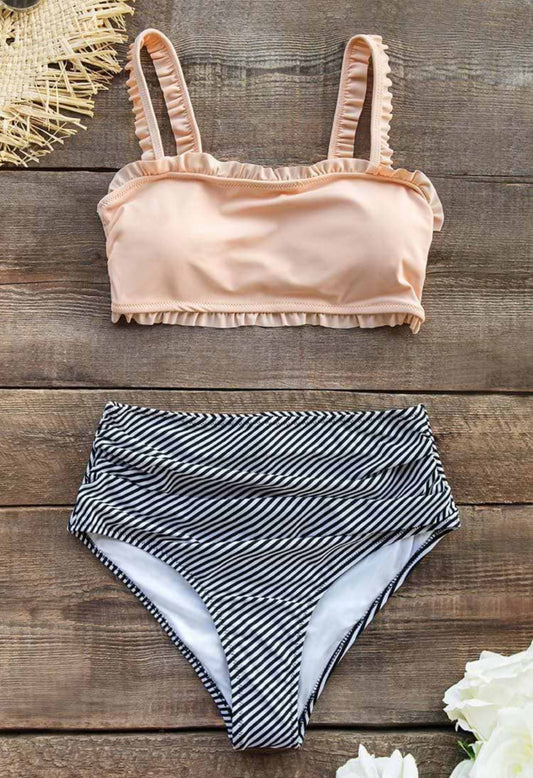 CUPSHE Ruffle Bandeau Bikini With High Waisted Bottom