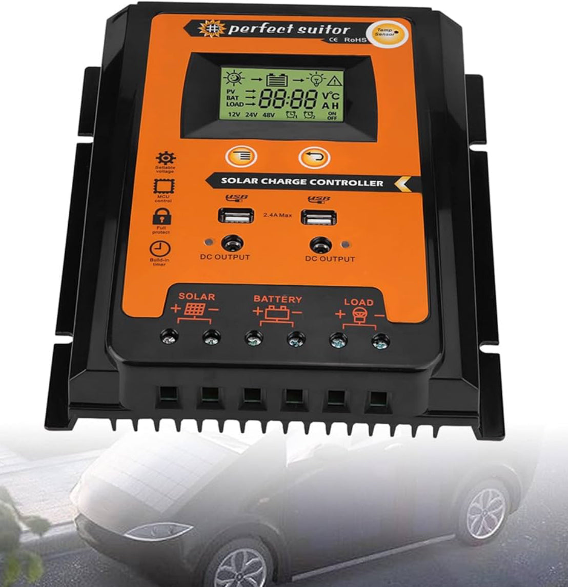 Solar Charge Controller, 12V/24V PWM&MPPT Solar Panel Battery Regulator, Dual USB LCD Displaying Short Version Solar Charge Controller(70A)