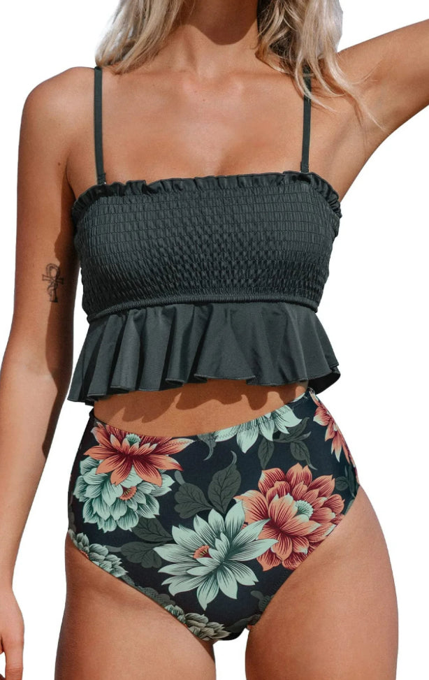 Cupshe Women's Smocked Ruffled High Waisted Bikini Bottoms