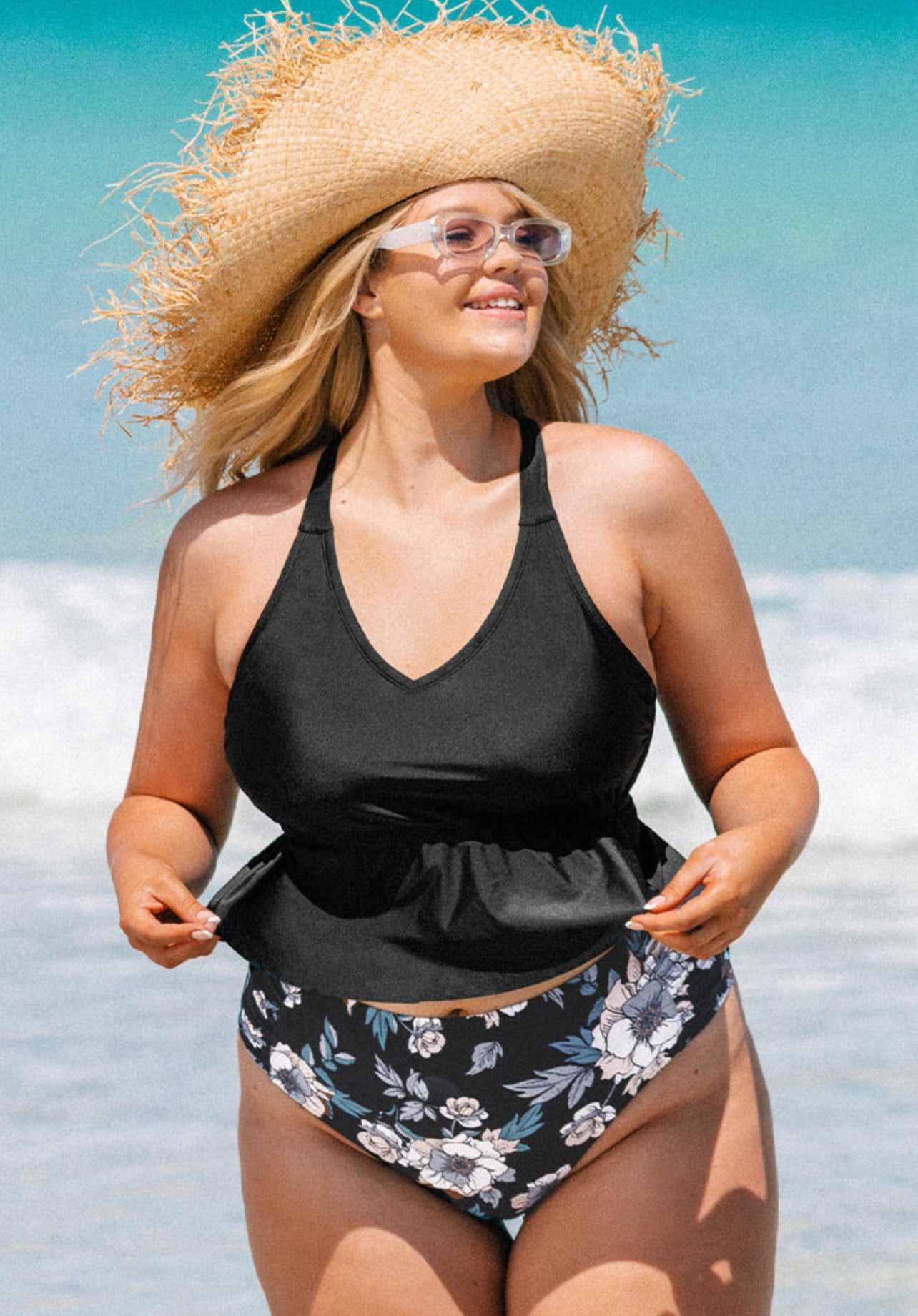 CUPSHE Charmed Romance Cropped Peplum Plus Size Tankini Top