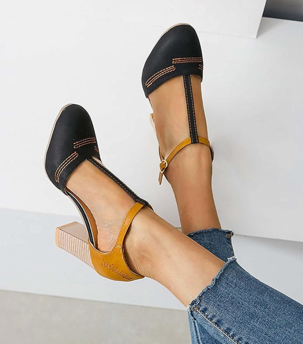 Womens Chunky High Heel Buckle Ankle Shoes T Strap Cap Toe Fashion Hollow Out Summer Casual Roman Sandals