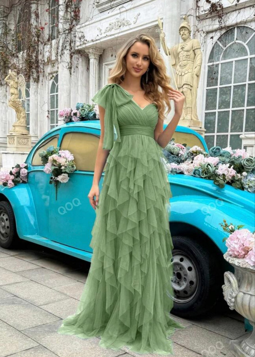 Womens one shoulder formal green tulle long dress
