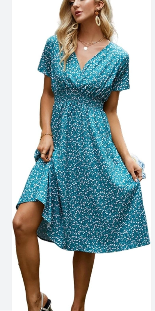Womens blue ditsy floral midi summer dress