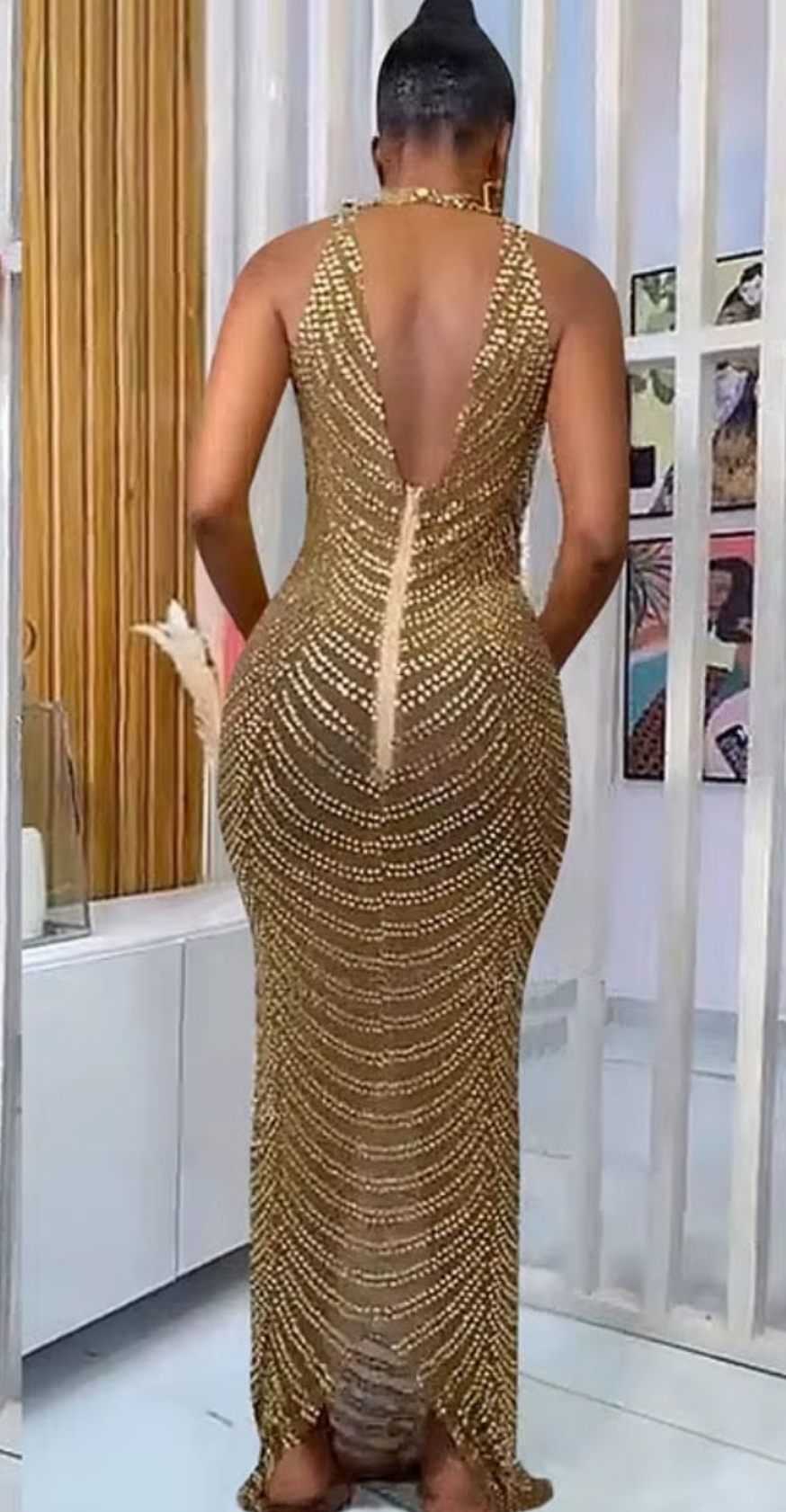 Womens sheer rhinestone gold elegant dress