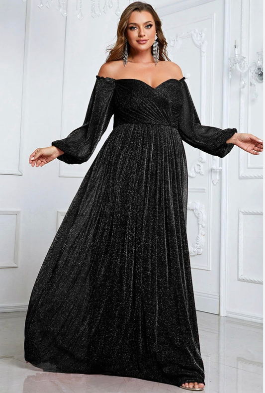 Womens black off-shoulder A-line sparkly long sleeve formal maxi dress