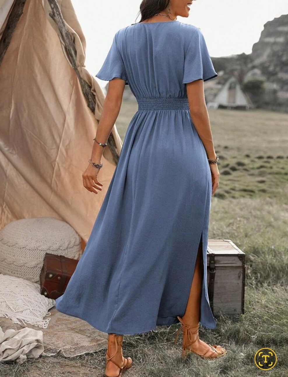 Womens v-neck blue midi summer dress