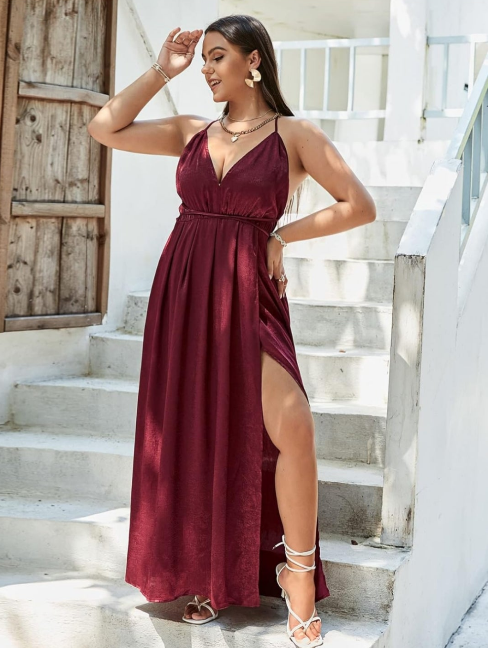 Womens burgendy red high slit lace up back evening dress